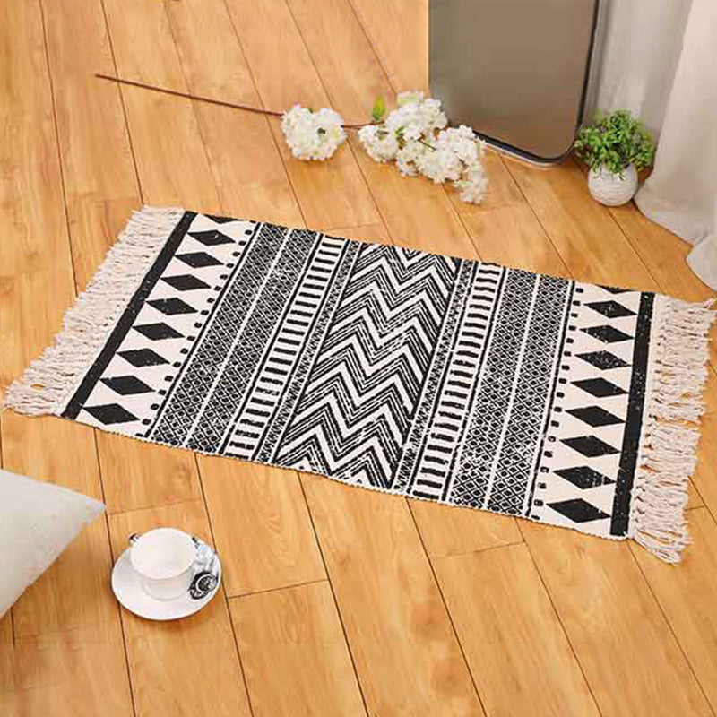 Boho Living Room Area Rug Multi Colored Geometric Patterned Braided Rug Cotton Machine Washable Carpet