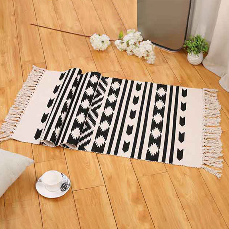 Boho Living Room Area Rug Multi Colored Geometric Patterned Braided Rug Cotton Machine Washable Carpet