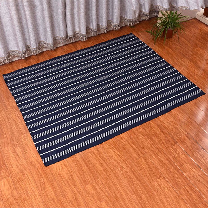 Simple Blue Ticking Stripe Rug Cotton Boho Carpet Pet Friendly Rug for Boys Room