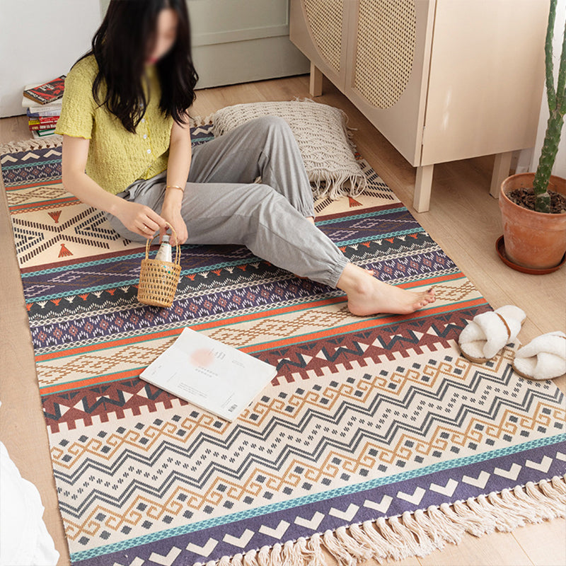 Blue Bohemian Style Rug Cotton Seamless Geometric Rug Pet Friendly Carpet for Indoor
