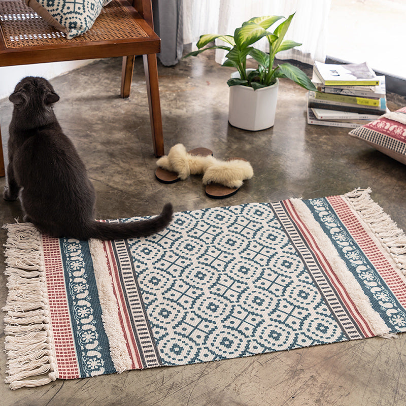 Bohemian Circles Indoor Rug Multi-Color Cotton Carpet Pet Friendly Rug for Living Room