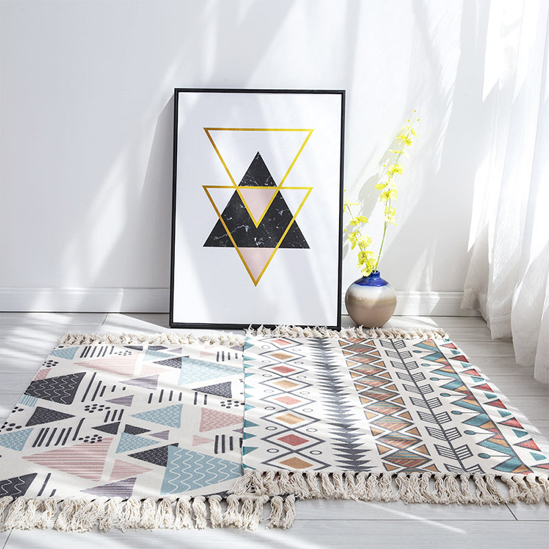 Multi Color Funky Rug Cotton Geometric Shapes Rug Pet Friendly Machine Washable Carpet for Bedroom