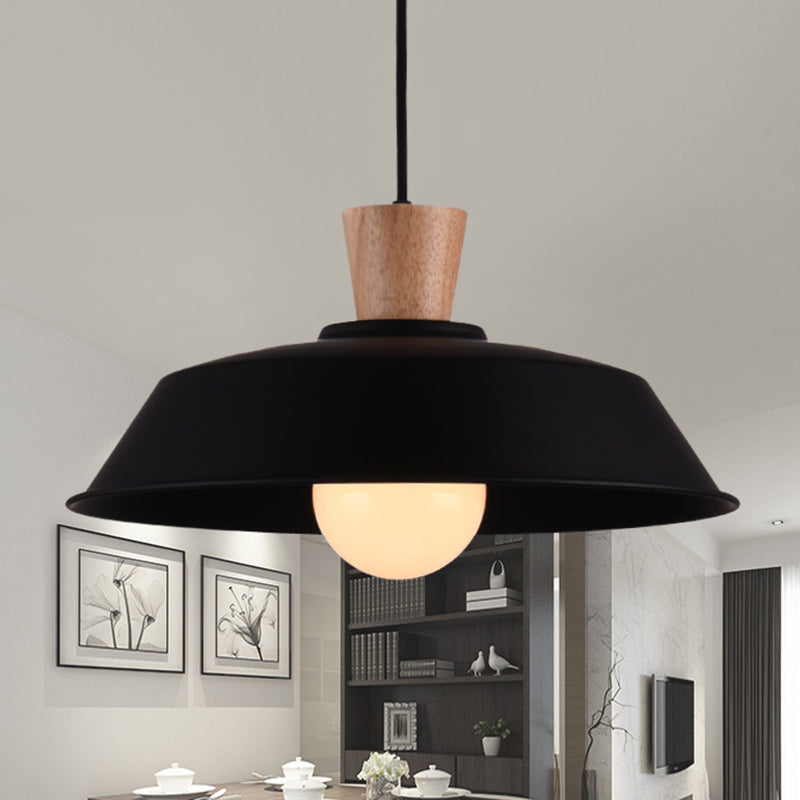 10"/14"/18" Wide Barn Living Room Hanging Lamp Industrial Iron 1-Light Black/White Pendant Light Fixture with Wooden Top