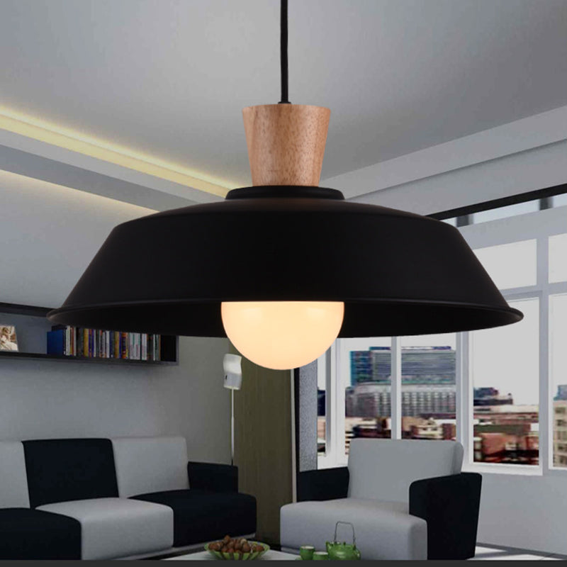 10"/14"/18" Wide Barn Living Room Hanging Lamp Industrial Iron 1-Light Black/White Pendant Light Fixture with Wooden Top