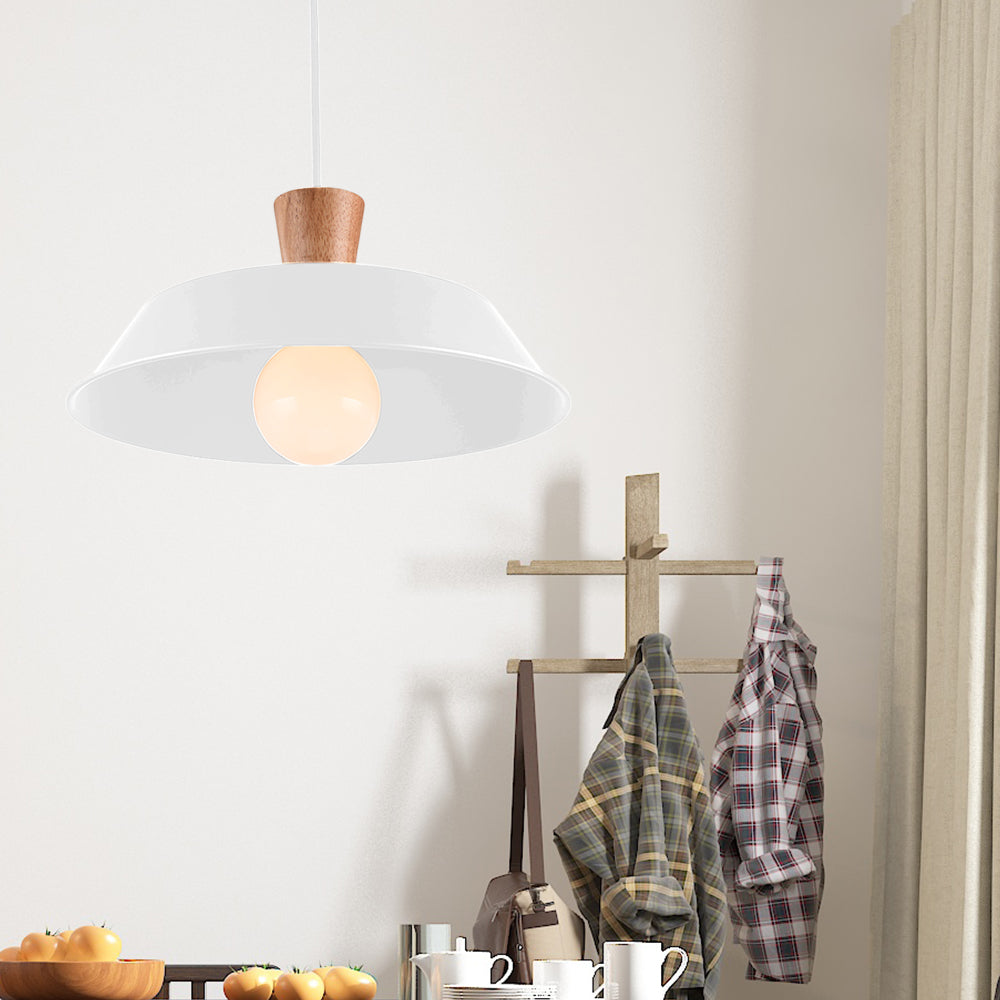 10"/14"/18" Wide Barn Living Room Hanging Lamp Industrial Iron 1-Light Black/White Pendant Light Fixture with Wooden Top