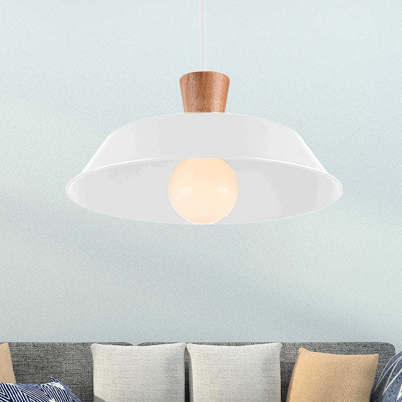 10"/14"/18" Wide Barn Living Room Hanging Lamp Industrial Iron 1-Light Black/White Pendant Light Fixture with Wooden Top