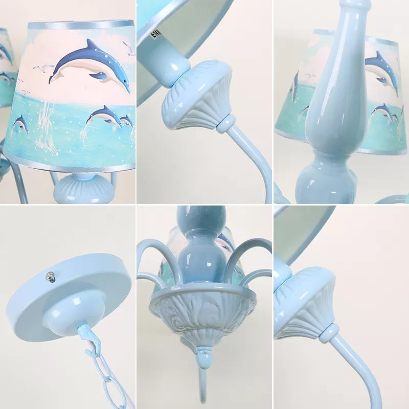 Modern Style Tapered Shade Chandelier with Dolphin 5 Lights Metal Hanging Light in Blue for Child Bedroom