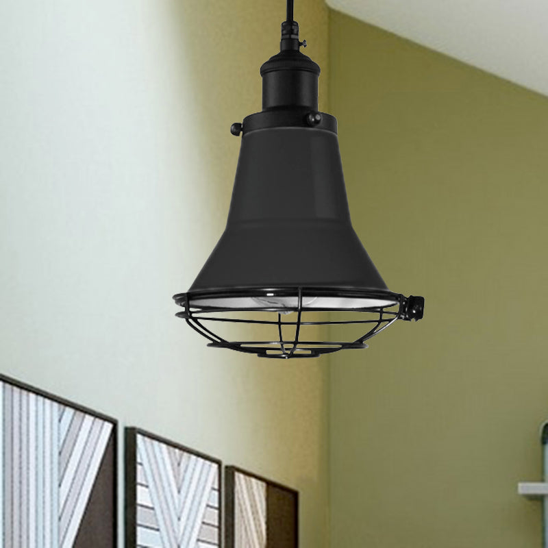 Bell Bedroom Ceiling Light Industrial Metal 1-Light Black/White/Yellow Pendant Ceiling Light with Wire Cage Shade