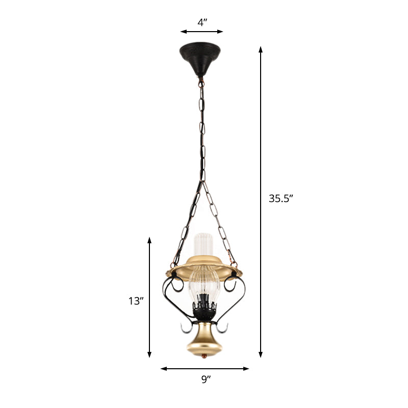 Iron and Glass Lantern Ceiling Pendant Industrial Single Light Bedroom Chain Hung Pendant in Brass
