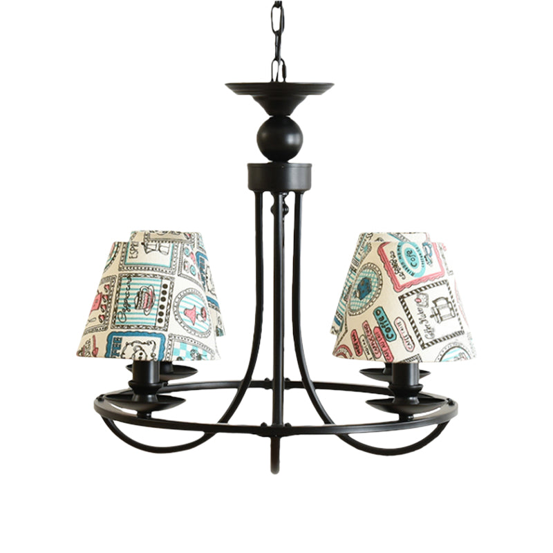 Fabric Tapered Shade Chandelier Kids Bedroom 4-Light Modern Ceiling Pendant in Black