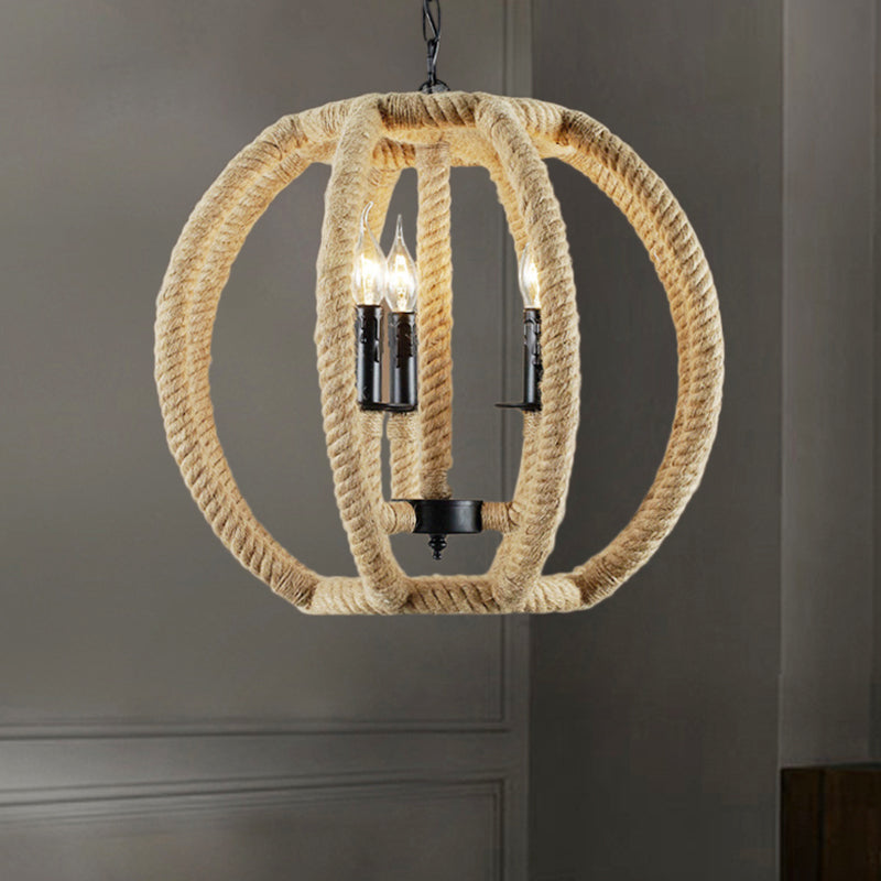 3-Light Globe Chandelier Industrial Beige Rope Pendant Light Fixture for Dining Room