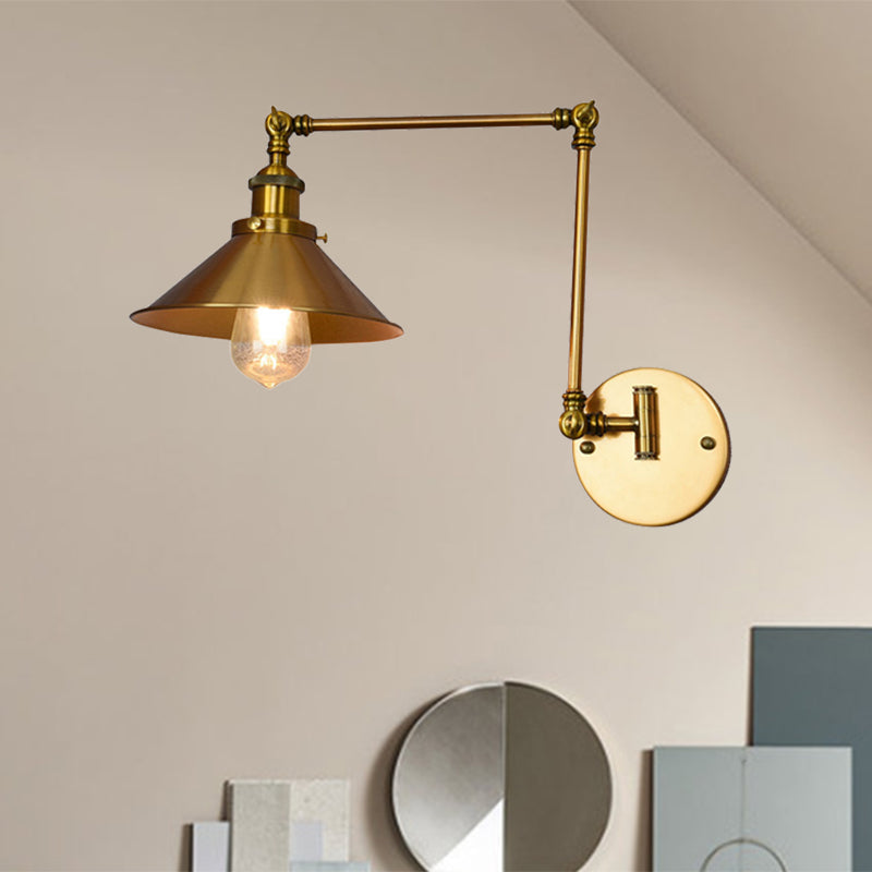 One Bulb Wall Light with Cone Shade Metal Industrial Indoor Sconce Lighting Fixture in Brass