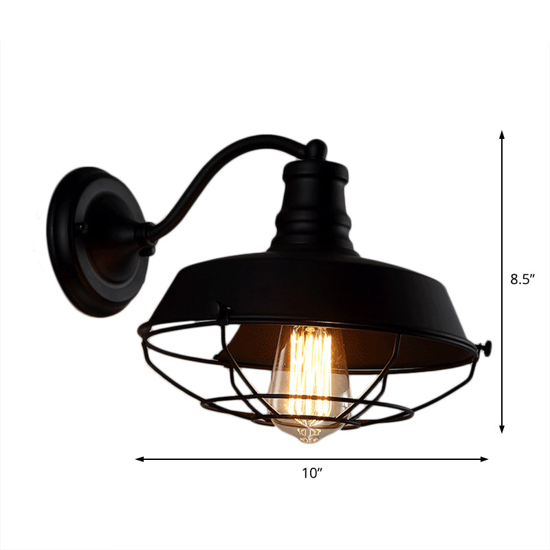 Barn Metal Sconce Lighting Industrial Single Bulb Indoor Wall Mounted Lamp in Black/Rust with Cage