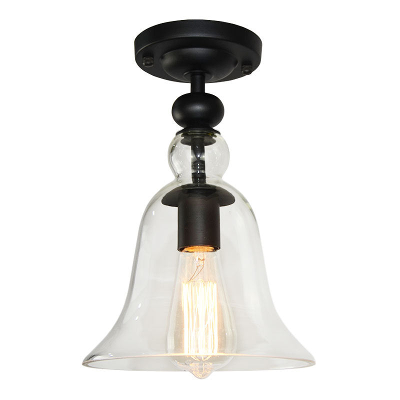 Bell Shade Living Room Semi Flush Industrial Clear Glass One Light Black Ceiling Lighting