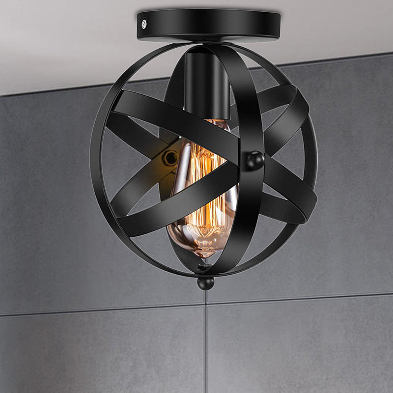 Single Bulb Semi Flush Mount Industrial Strap Globe Metal Ceiling Light in Black