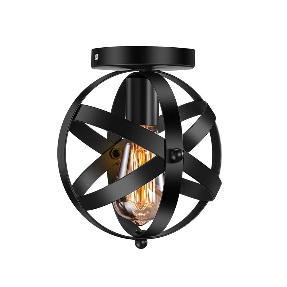 Single Bulb Semi Flush Mount Industrial Strap Globe Metal Ceiling Light in Black