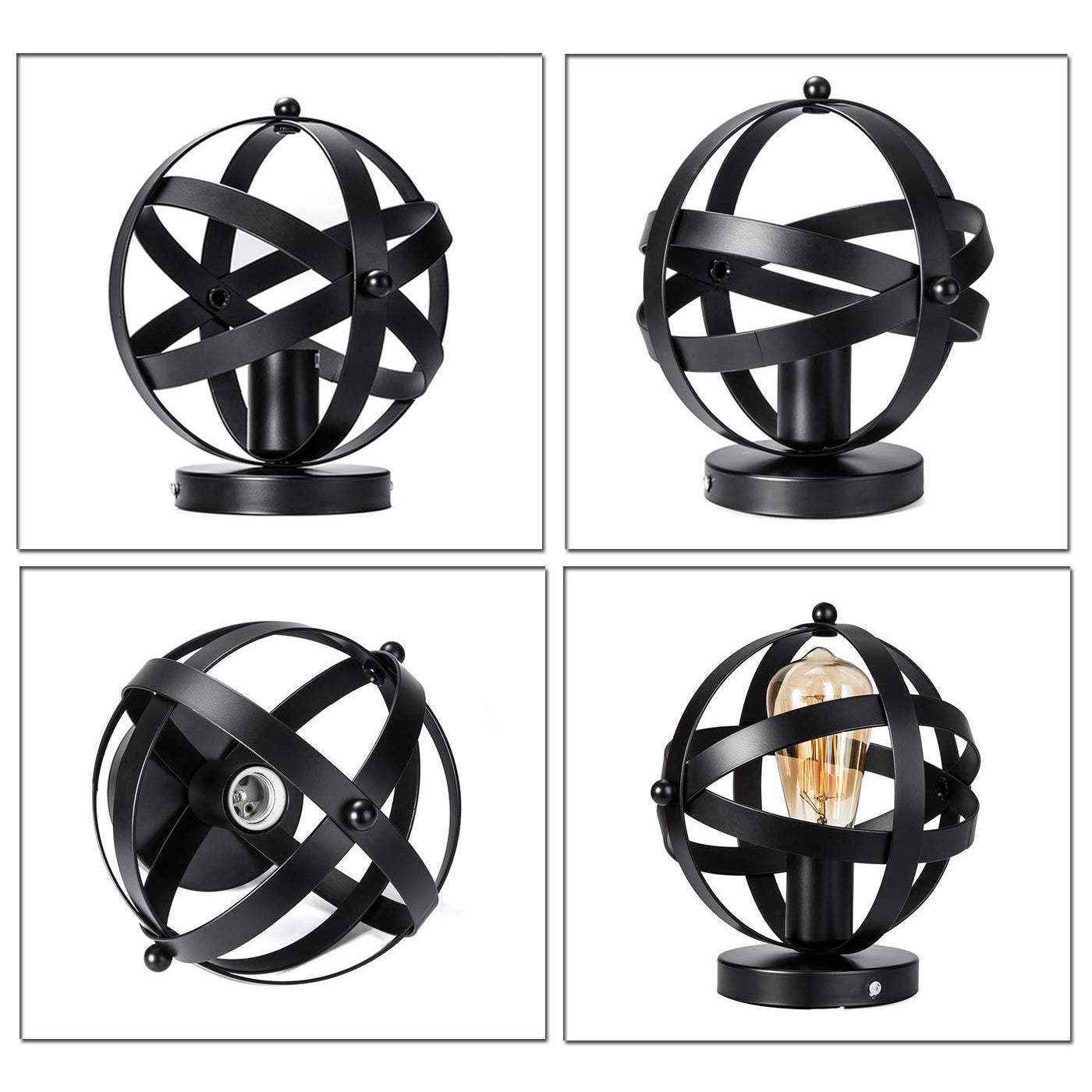 Single Bulb Semi Flush Mount Industrial Strap Globe Metal Ceiling Light in Black