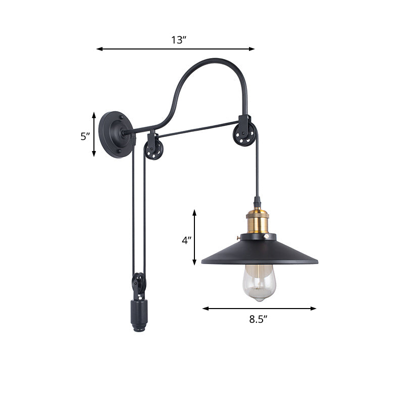 Wide Flare Metal Sconce Lighting Industrial Single Bulb Dining Room Wall Mounted Lamp in Black with Pulley