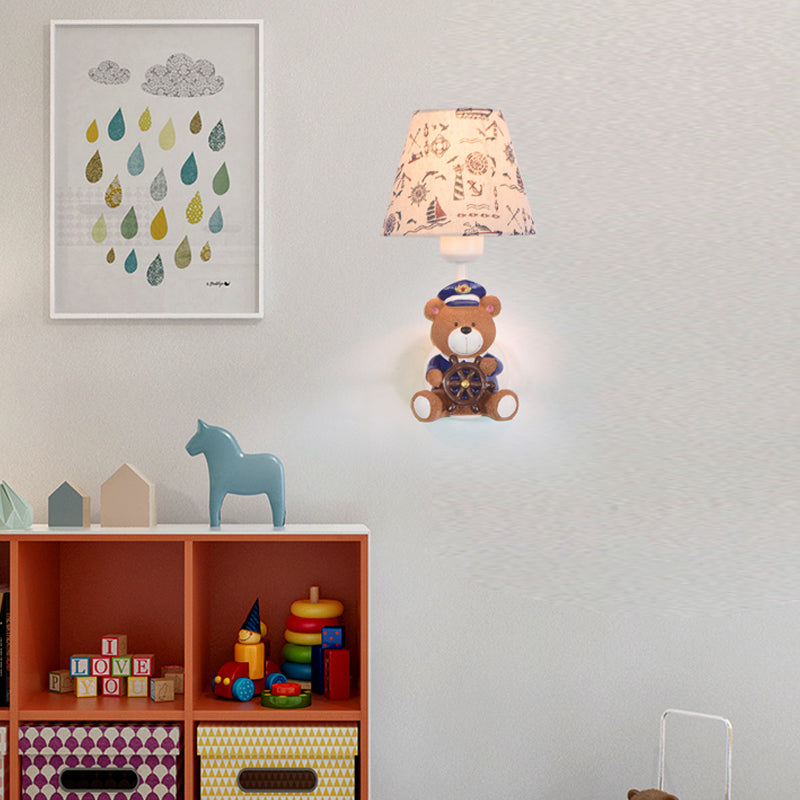 Kids Toy Bear Wall Light with Tapered Shade One Light Resin Wall Sconce in Beige for Child Bedroom