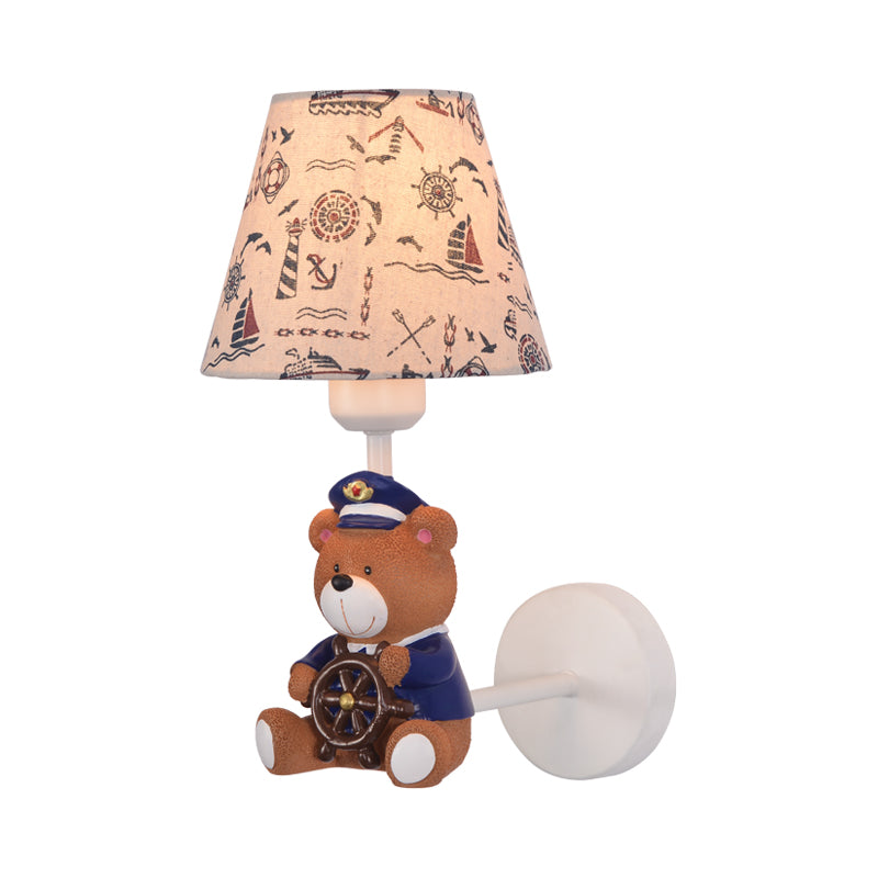 Kids Toy Bear Wall Light with Tapered Shade One Light Resin Wall Sconce in Beige for Child Bedroom