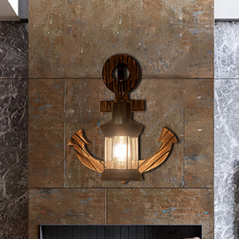 One Bulb Clear Glass Wall Lighting Coastal Black Kerosene Indoor Sconce Light Fixture with Wooden Backplate