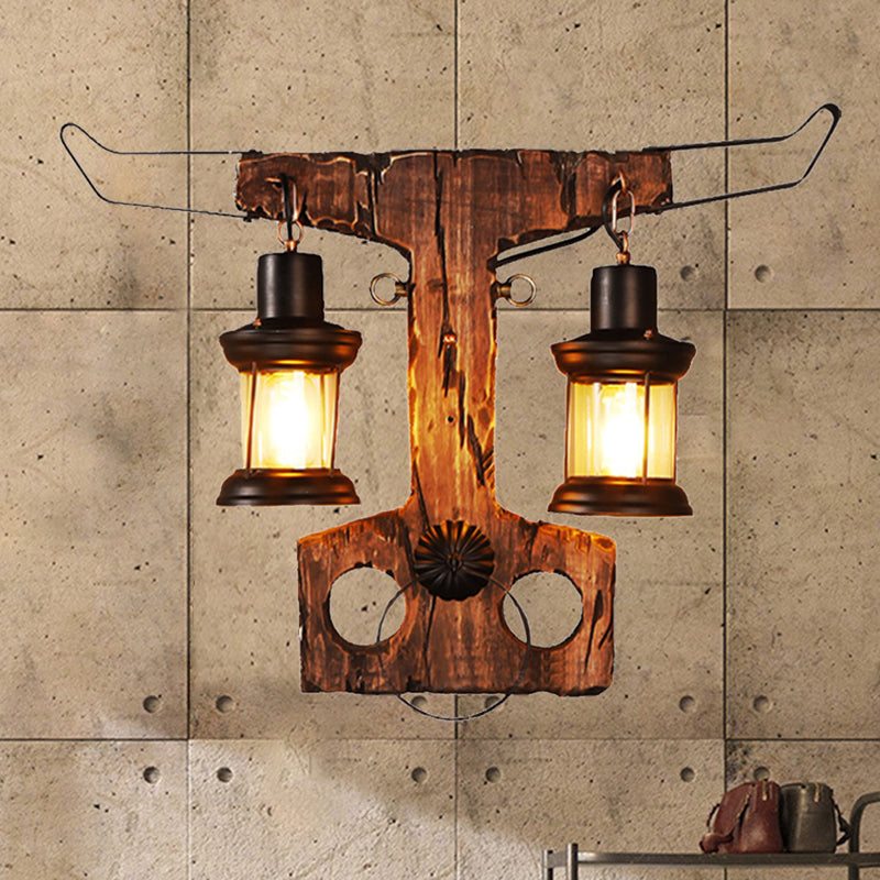 2-Light Wall Lamp Lighting Rustic Style Lantern Clear Glass Sconce Light Fixture in Black with Wooden Backplate