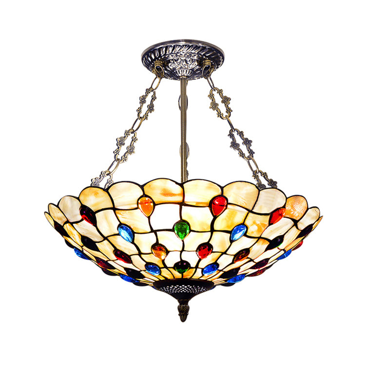 16"/18" W Tiffany Ceiling Lighting 3 Lights Jeweled Semi Flush Light in Beige with Chain and Art Glass Shade