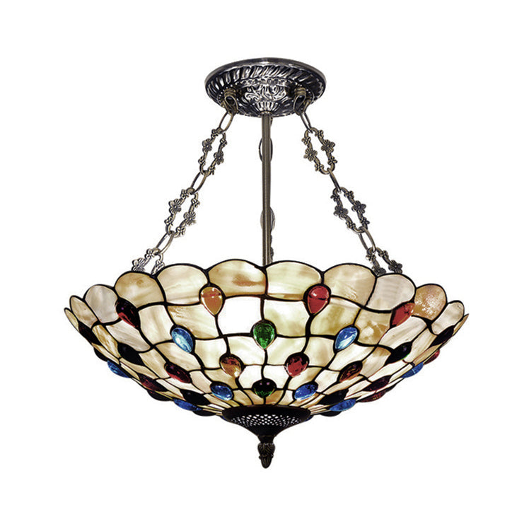 16"/18" W Tiffany Ceiling Lighting 3 Lights Jeweled Semi Flush Light in Beige with Chain and Art Glass Shade