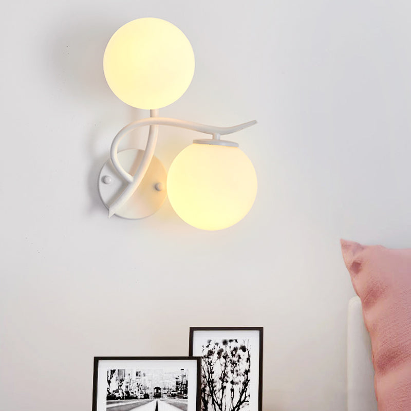 Simple Style Globe Wall Lamp 2 Heads Milk Glass Sconce Light in White for Adult Bedroom