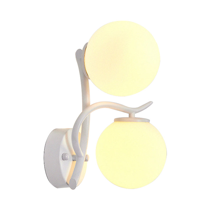 Simple Style Globe Wall Lamp 2 Heads Milk Glass Sconce Light in White for Adult Bedroom