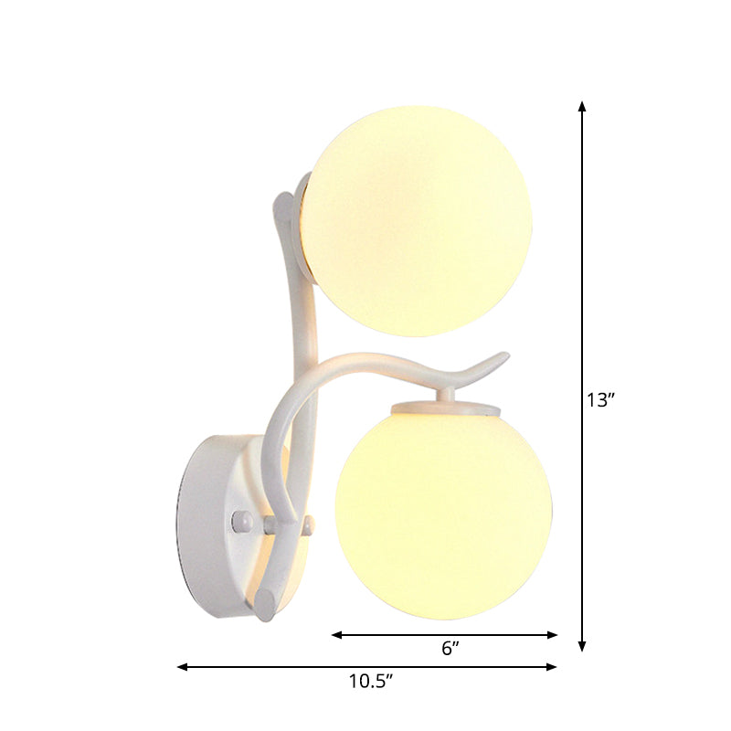 Simple Style Globe Wall Lamp 2 Heads Milk Glass Sconce Light in White for Adult Bedroom