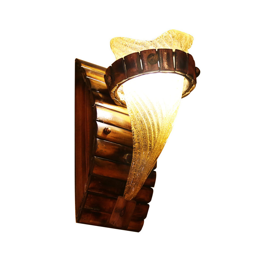 One Bulb Wall Light with Flower Shade Yellow Textured Glass Rustic Indoor Sconce Lighting Fixture in Bronze