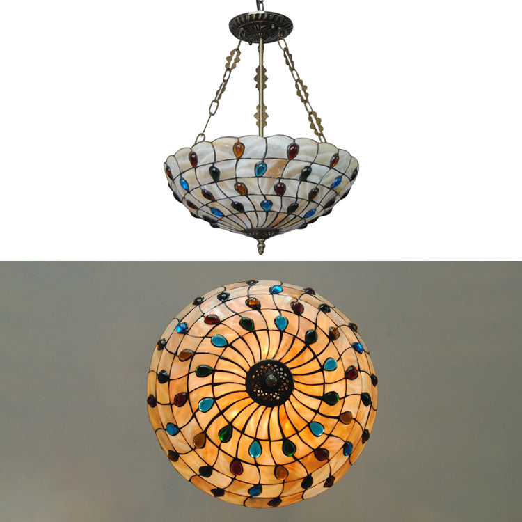 16 "/18" W Tiffany Ceiling Lighting 3 Lumières Bijoux Bijoux à Beige avec chaîne et Art Glass Shade
