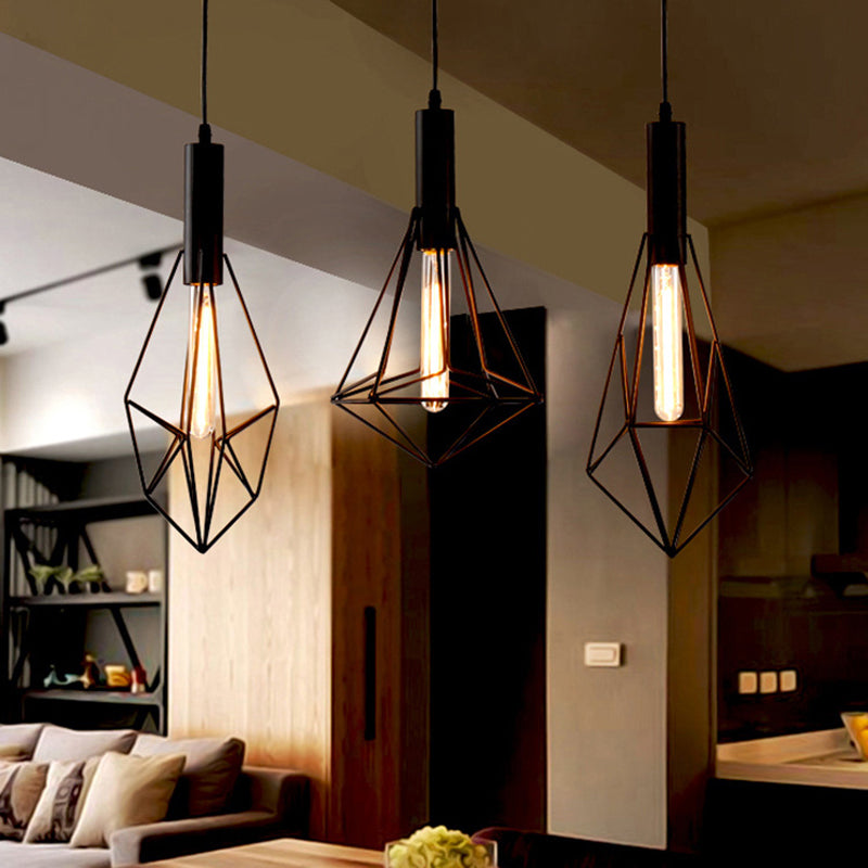 Iron Diamond Shaped Pendant Light Antique 1-Light Dining Room Hanging Light Fixture in Black