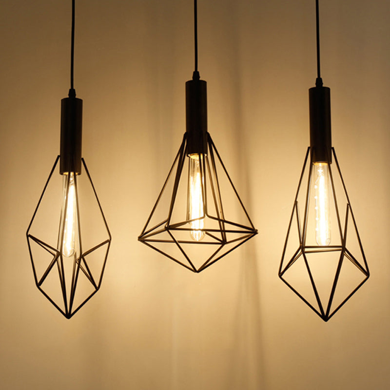 Iron Diamond Shaped Pendant Light Antique 1-Light Dining Room Hanging Light Fixture in Black