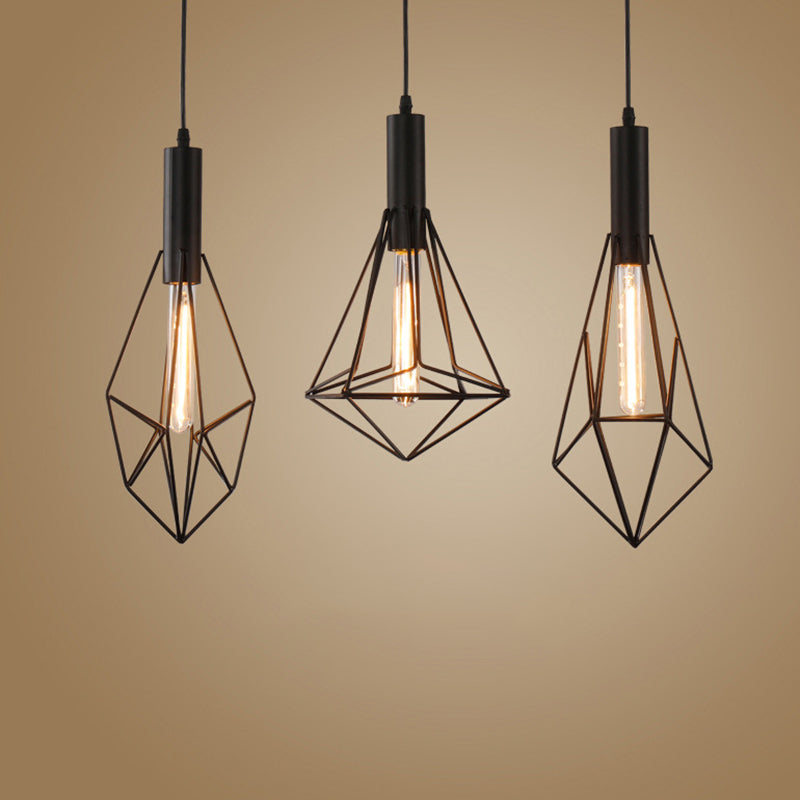 Iron Diamond Shaped Pendant Light Antique 1-Light Dining Room Hanging Light Fixture in Black