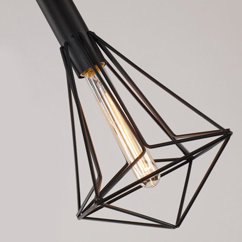 Iron Diamond Shaped Pendant Light Antique 1-Light Dining Room Hanging Light Fixture in Black