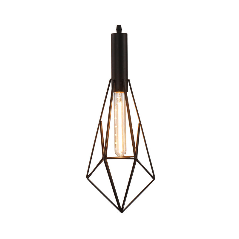 Iron Diamond Shaped Pendant Light Antique 1-Light Dining Room Hanging Light Fixture in Black