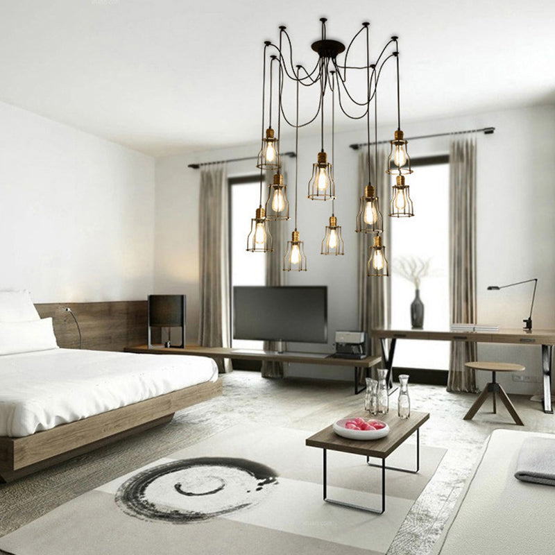 Caged Iron Ceiling Pendant Industrial 10 Bulbs Restaurant Multi Light Chandelier in Black