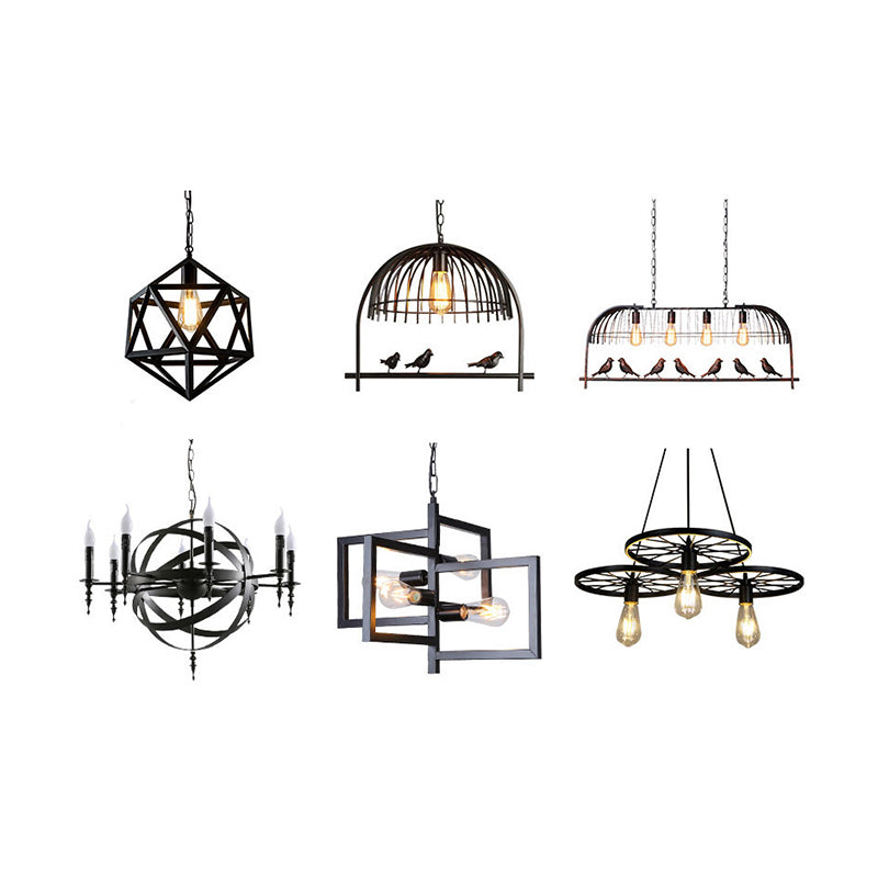 Caged Iron Ceiling Pendant Industrial 10 Bulbs Restaurant Multi Light Chandelier in Black