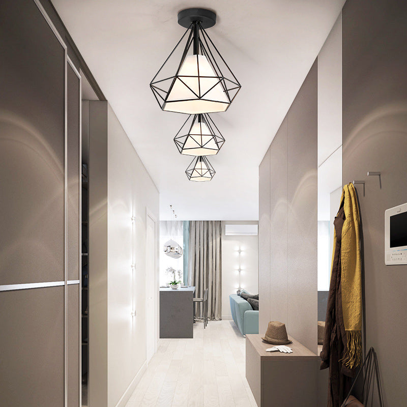 Plafonnier simple à encastrer, luminaire vintage en métal en forme de diamant avec abat-jour en tissu conique