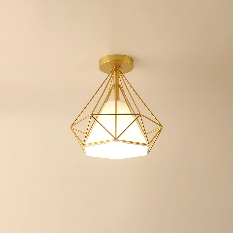 Plafonnier simple à encastrer, luminaire vintage en métal en forme de diamant avec abat-jour en tissu conique