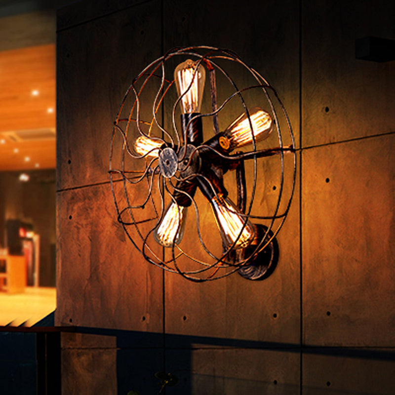 Yellow-Black Fan Shaped Wall Light Fixture Antique Iron 5 Heads Stairway Wall Sconce Light