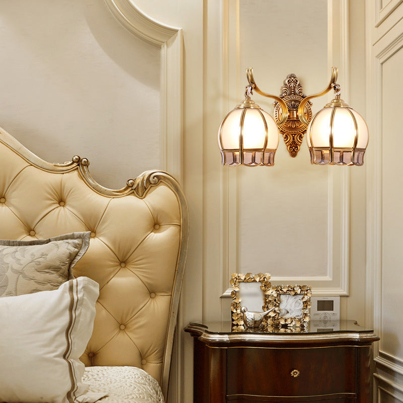 Globe Cream Glass Wall Light Fixture Vintage Living Room Wall Mounted Lamp in Gold