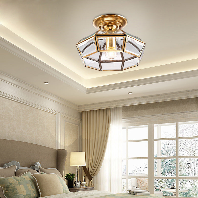 Brass Dome Shaped Semi Flush Light Simplicity Clear Glass 1 Bulb Living Room Flush Ceiling Light Fixture