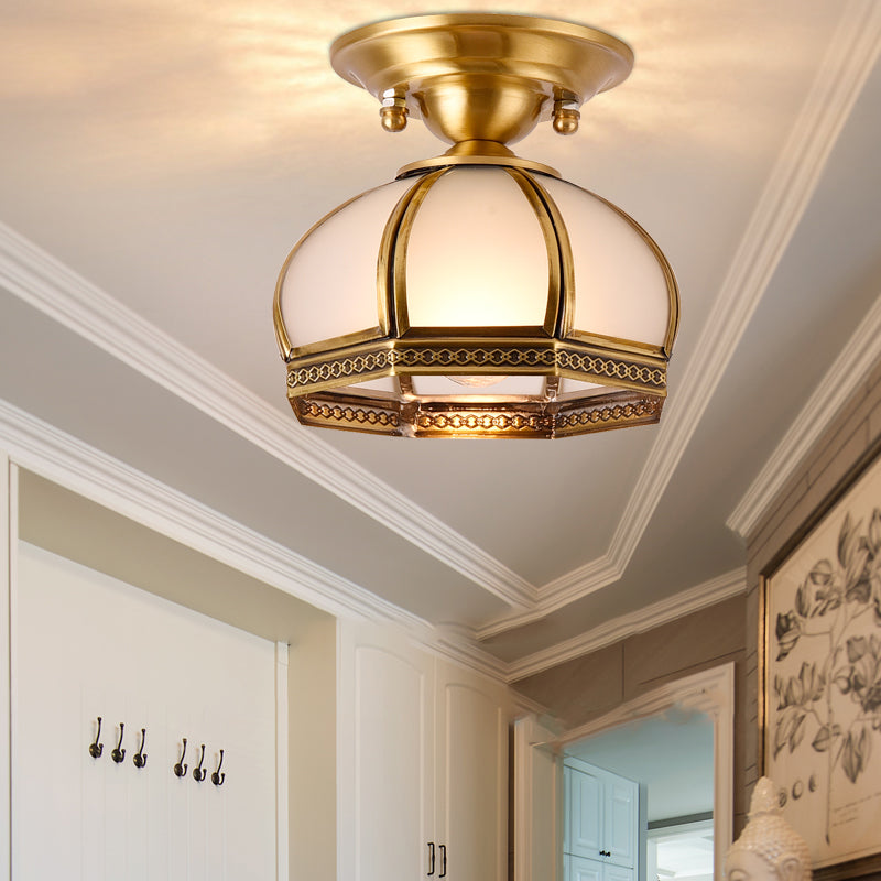 Dome Shaped Dining Room Flush Mount Lighting Classic Metallic Gold Semi Flush Mount with Opal Glass Shade