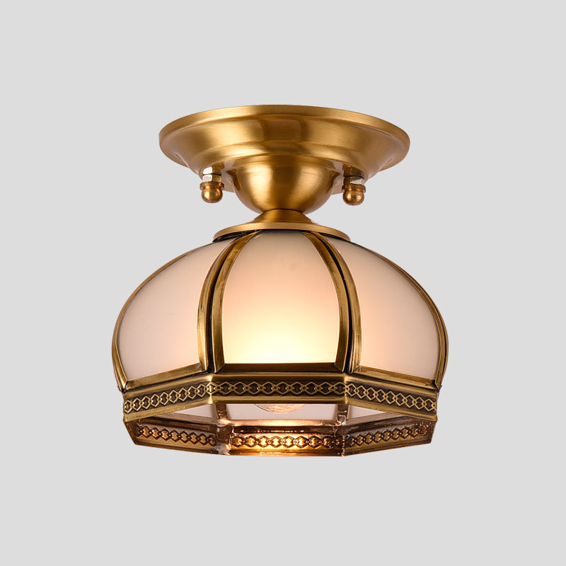 Dome Shaped Dining Room Flush Mount Lighting Classic Metallic Gold Semi Flush Mount with Opal Glass Shade