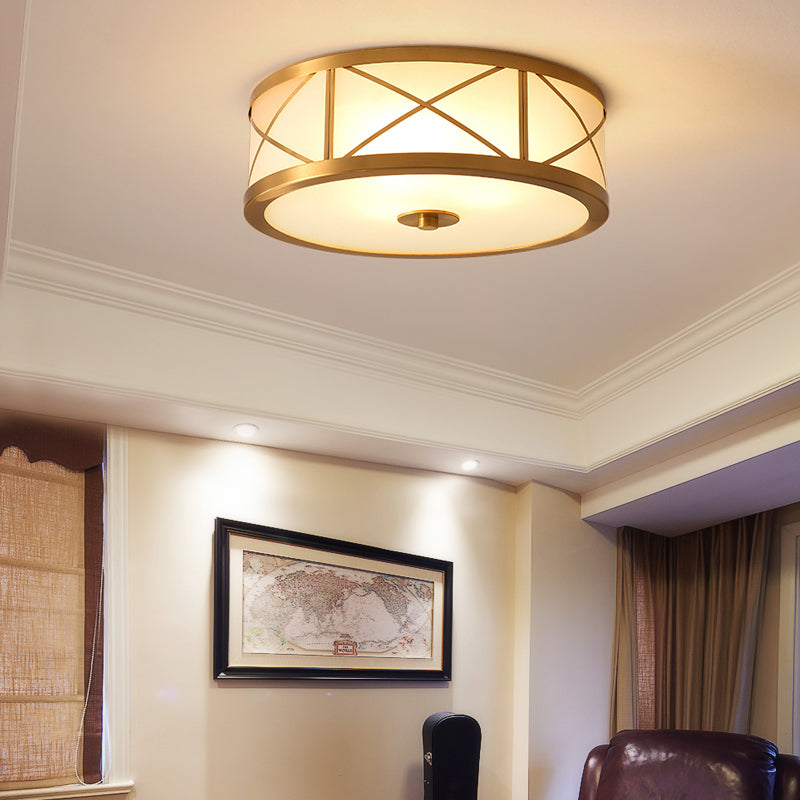Cream Glass Drum Shaped Flush Mount Lighting Classic Corridor Flush Mount Fixture in Gold