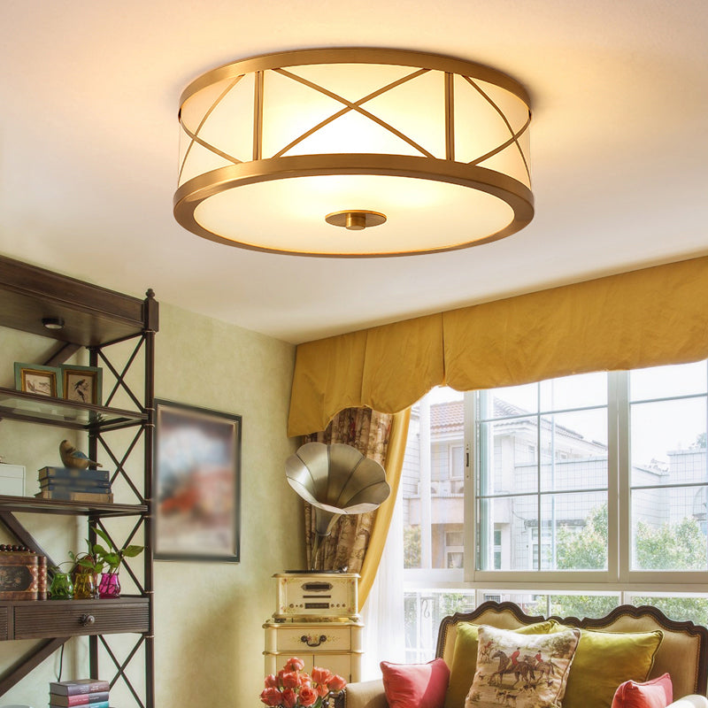 Cream Glass Drum Shaped Flush Mount Lighting Classic Corridor Flush Mount Fixture in Gold