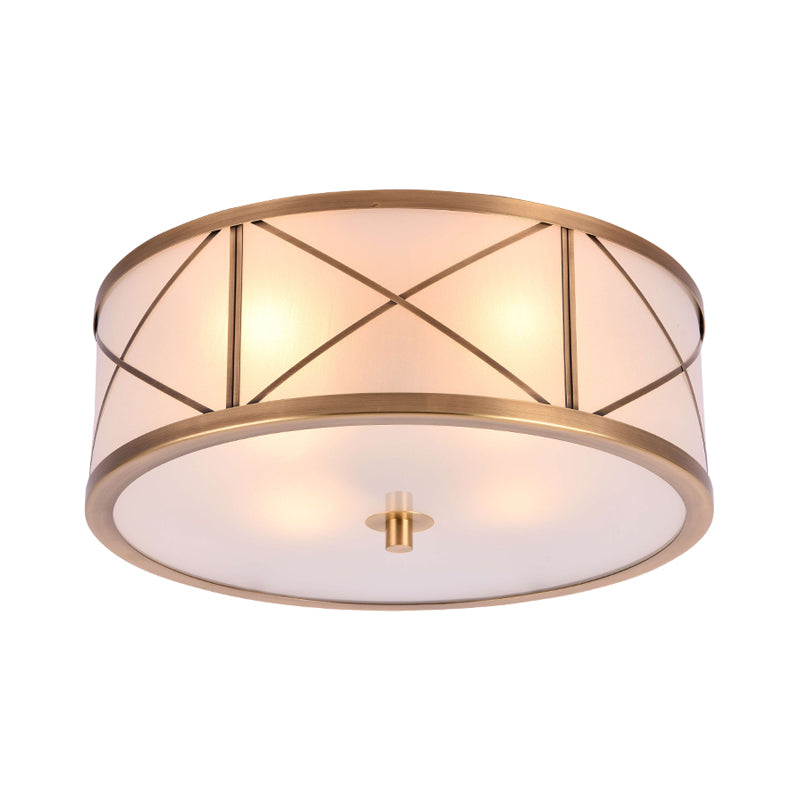 Cream Glass Drum Shaped Flush Mount Lighting Classic Corridor Flush Mount Fixture in Gold